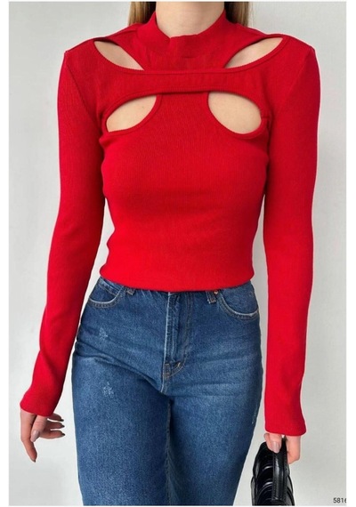 DefyModa Kadın Modern Sandy Kumaş Dik Yaka Uzun Kollu Bluz Kırmızı