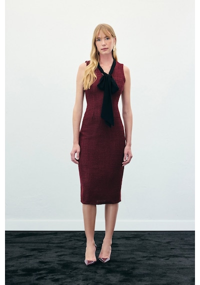 Sateen Fularlı Kolsuz Tüvit Elbise - Bordo-136339 Bordo