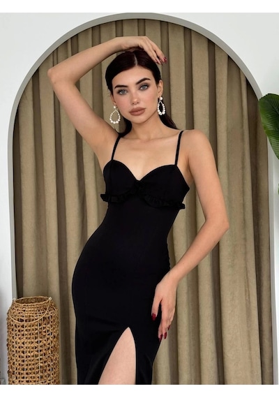 Defymoda Papalia Sırt Detaylı Elbise Siyah