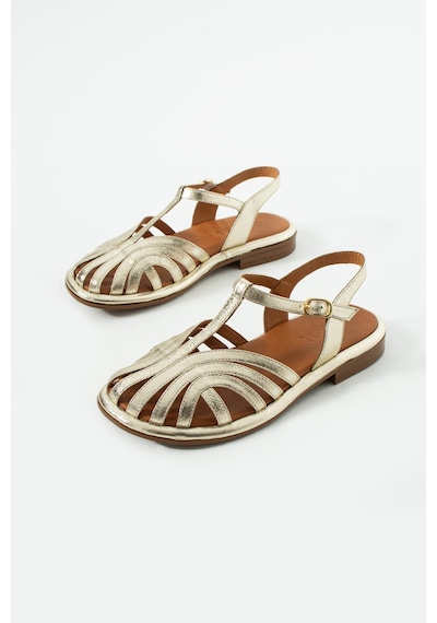 Duxal Shoes Charlotte Hakiki Deri Kafesli T-bant Sandalet Altın