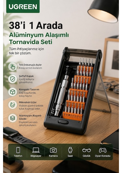 Ugreen 38 Parça Alüminyum Alaşımlı Hassas Elektronikçi Tornavida Seti, 80459