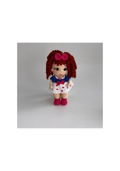 El Örgüsü Amigurumi Bebek Kıvırcık Saçlı Noktalı Elbiseli Oyuncak Bebek 23cm Beyaz