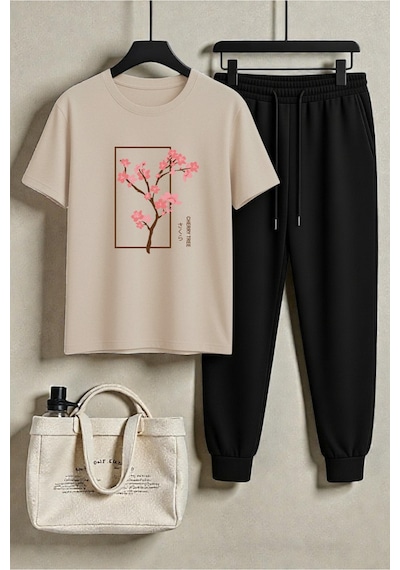 Uyguntarz Unisex Cherry Tree Tasarım Baskılı Tişört - 2'li Eşofman Takımı Bej Uyguntarz Unisex Cherry Tree Tasarım Baskılı Tişört - 2'li Eşofman Takımı Bej