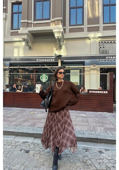 Asur Boutique Asur Butik Kadın Asimetrik Kesim Şifon Astarlı Etek Kahverengi