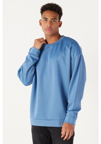 AC&Co / Altınyıldız Classics Erkek İndigo Oversize Fit Bol Kesim Bisiklet Yaka Düz Sweatshirt 4A5221200005INDS İndigo