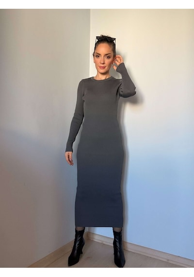 Ali Butik Gri Bisiklet Yaka Fitilli Elbise Gri