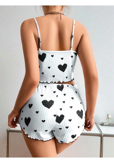 Jhena Siyah Kalp Desenli Pileli Atletli Ve Şortlu Kadın Penye Gecelik, Kadın Seksi Ev Giyim Pijama Ekru K.Puantıye