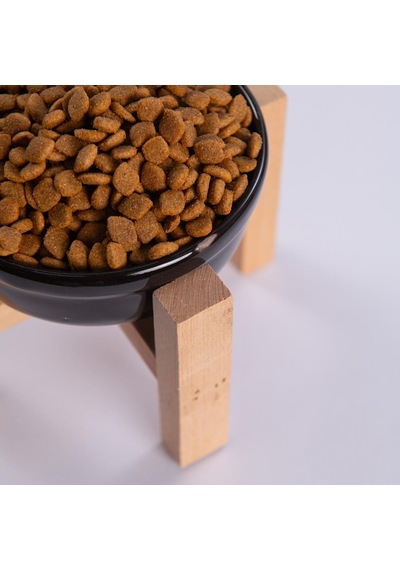 Siyah Ahşap Standlı Seramik Mama/ Su Kabı Kedi Köpek Mama Su Kabı