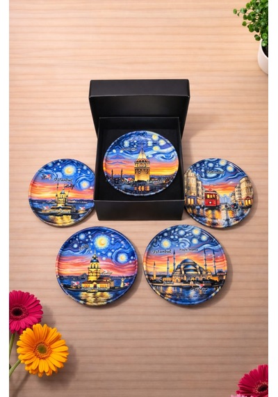 Upeka 5'li İstanbul Temalı Van Gogh Tarz Hediyelik Metal Tabak Magnet Set Kutulu 5cm Adet-5 Adet