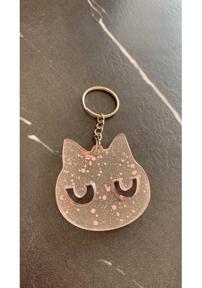 Epoksi İçinde Pembe Glitterli Gümüş Aksesuar Kedi Yüzü Anahtarlık