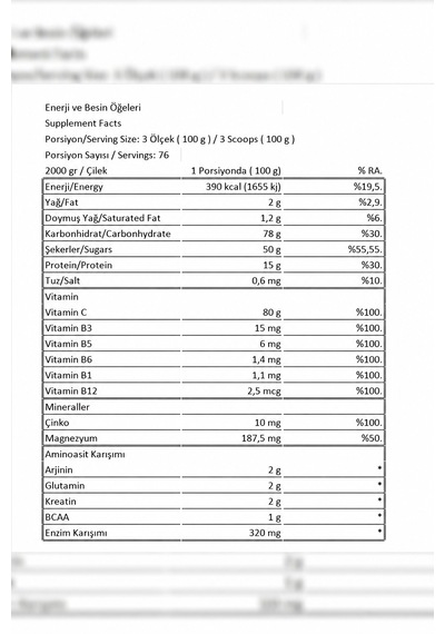 Mass Gainer 2000g/creatıne 120g Çilek