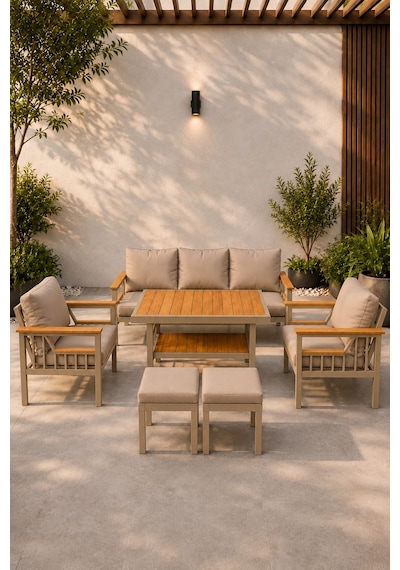 Sole Serisi Balkon Takımı, 3-1-1 Cappuccino Bahçe Takımı, 3'lü Koltuk 70x180, 2 Tekli Koltuk 70x70, Masa 70x110, 2 Puf Bej Sole Serisi Balkon Takımı, 3-1-1 Cappuccino Bahçe Takımı, 3'lü Koltuk 70x180, 2 Tekli Koltuk 70x70, Masa 70x110, 2 Puf Bej