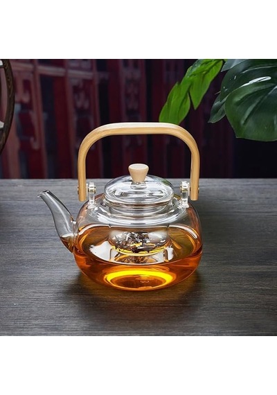 Bambu Saplı Isıya Dayanıklı Borosilikat Cam Süzgeçli Demlik 1000ml, Isıya Dayanıklı Cam Bitki Çayı Demliği 1 Diğer