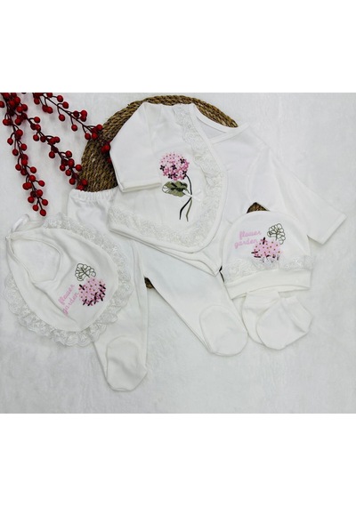 Eda Baby Kanaviçe Gül İşlemeli 5'li Set Hastane Çıkışı Yenidoğan Beyaz