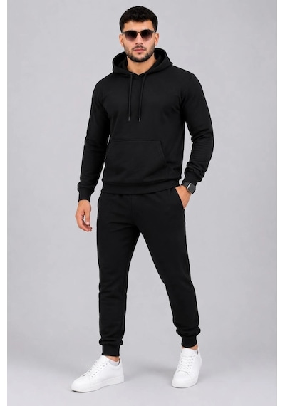 Barlashive Erkek İki İplik Kapüşonlu Kanguru Cepli Sweatshirt Jogger Pantolon Alt Üst Eşofman Takımı -siyah Çok Renkli