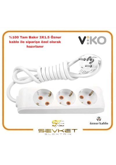 Viko Multi-let Beyaz 3'lü 10 Metre 3x1.5 Kablolu Grup Priz