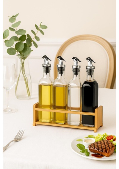 Cam Zeytinyağı Ve Sirke Şişesi Seti Doğa Ahşap Tutucu 250ml Sızdırmaz Kapaklı Sos Yağdanlık Set Standlı 4'lü Set Ahşap