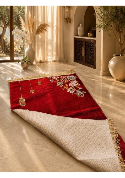 Mikro Şönil Kadife Seccade Astarlı Kalın Dokulu Çiçek Desenli Namaz Seccadesi Kırmızı Siyah