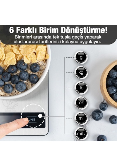 Dijital Mutfak Tartısı, 10kg/1g Hassasiyet, Paslanmaz Çelik, 6 Birim Dönüşümü G/kg/lb/oz/ml/milk Ml , 2 Aaa Pi Diğer