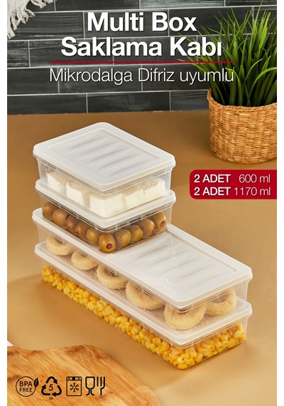 Multi Box 4 Parça 2 Farklı Boy Saklama Kabı Seti - Dondurucu & Mikrodalga Uyumlu Krem