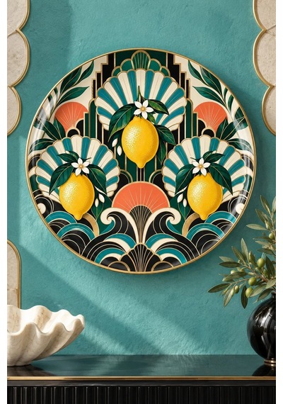 Dekoratif Duvar Tabağı Limonlu Art Deco Bahçe Dekorlu Seramik Tabak Mor