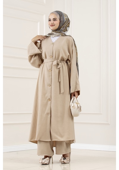 Sevitli Düğmeli Davin Abaya İkili Takım-bej-5977