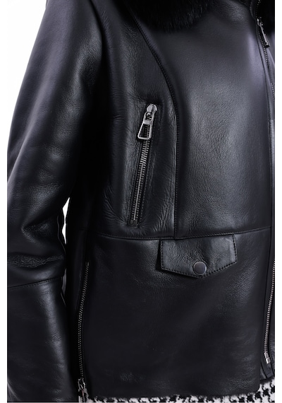 M M Marki Marki Hakiki Deri Kadın Mont Siyah İçi Kürklü Fermuarlı Regular Fit 67 Cm Kürklü Yaka - 119722