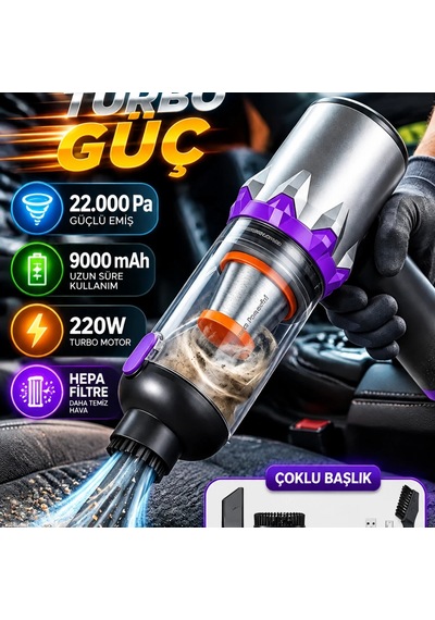 22.000 Pa Kablosuz Araç Süpürgesi 9000 Mah Batarya, 220w Turbo Motor Ve Çoklu Başlık