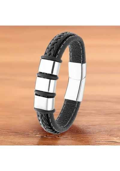 Brezza Lusso Jewelry Hakiki Örgü Derili Çelik Erkek Bileklik Siyah