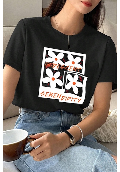 Unisex Serendipity Baskılı Oversize Tshirt Siyah