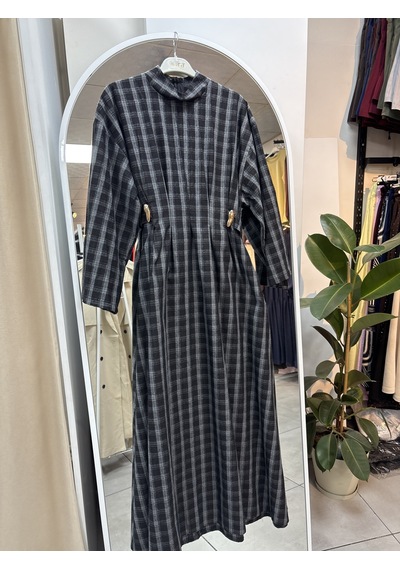 Nirva Butik Kadın Ekose Desenli Belden Oturtmalı Elbise Gri - Siyah