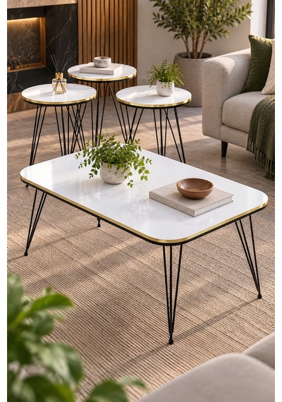 Sulorahome Siyah Tel Ayaklı Beyaz 4'lü Sehpa Seti