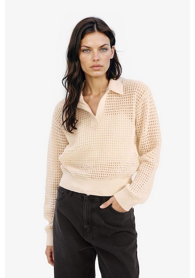 DeFacto 	Relax Fit Polo Yaka Basic Düz Ajur Triko Kazak E7025AX25SMER105 Ekru