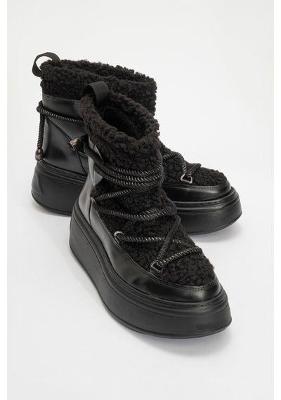 Luvishoes Luvi Shoes Dila Siyah Suni Kürklü Kadın Kalın Tabanlı Kar Botu Siyah