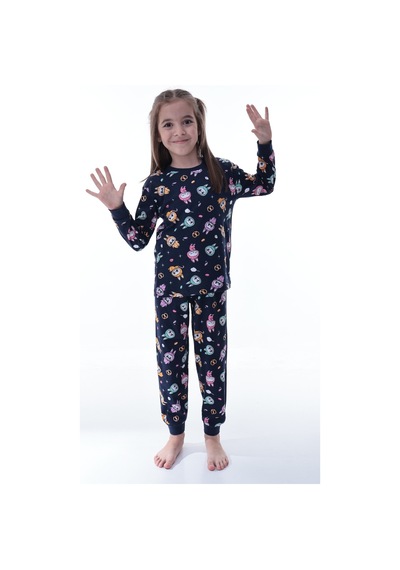 Unisex Çocuk Baskılı Pamuklu Pijama Takımı Rahat, Nefes Alan, Yumuşak Kumaşlı Uyku Takımı Lacivert