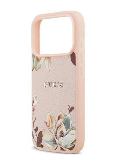 Apple Uyumlu iPhone 17 Pro Kılıf Guess Lisanslı M-safeli Taneli Çiçek Tasarımlı Metal Yazı Logolu Pembe Pembe
