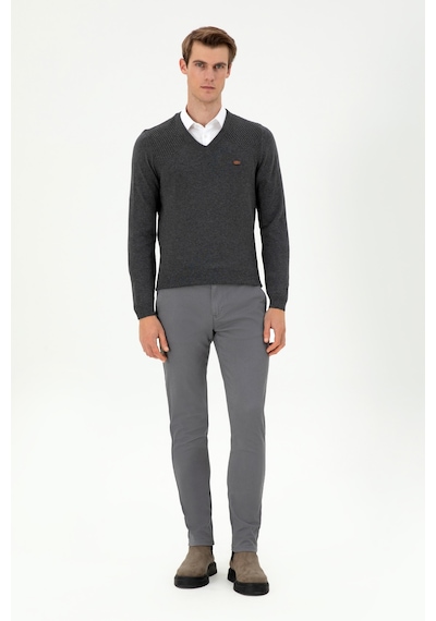 U.S. Polo Assn. Erkek Slim Fit V Yaka Antrasit Melanj Kazak 50297063-VR081