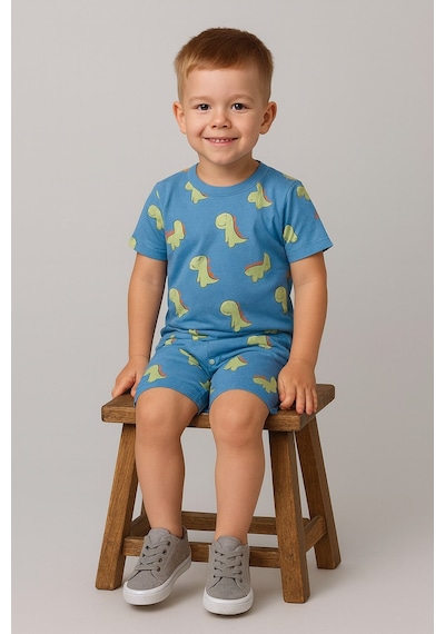 Aden Kids Dinazor Baskılı Yazlık Pijama Takımı Buz Mavisi