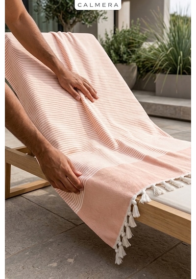 Calmera Çizgili Peştemal Pamuk - Doğal Saçaklı Plaj, Deniz, Havuz, Spa, Sauna, Spor, Seyahat Havlu - Somon