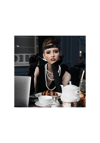 1920&apos Ler Gatsby Aksesuar Seti Siyah Charleston Saç Bandı, Uzun Eldiven &amp Amp Sigaralık 5