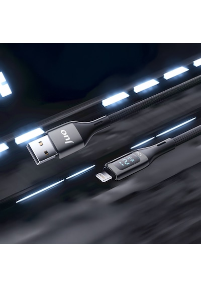 Juo 12W Dijital Led Ekranlı Usb-a To Lightning Apple Uyumlu iPhone iPad Örgülü Hızlı Şarj ve Data Kablosu 2M