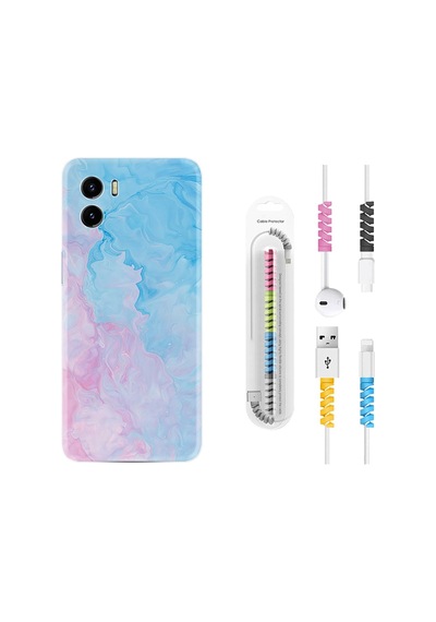 Vivo Y15S Kılıf Kablo Koruyuculu Pink Blue Abstract 1385