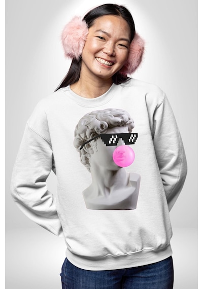 Gözlüklü David'in Kafasının Alçı Heykeli Unisex Beyaz Sweatshirt Beyaz