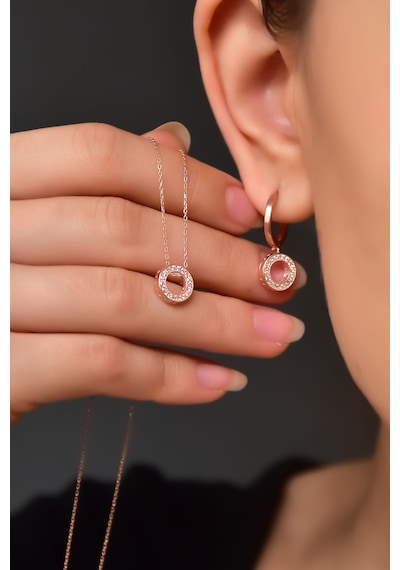 Papatya Silver 925 Ayar Gümüş Rose Kaplama Yuvarlak Kolye ve Küpe Set
