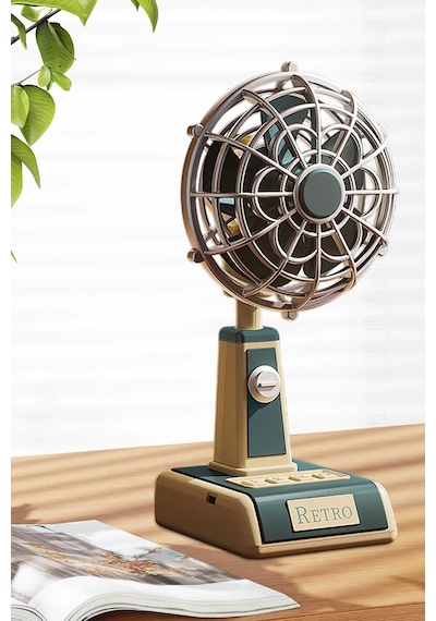Exenar - Bej - Şarjlı Masaüstü Mini Vantilatör Fan Retro Tasarım Vintage Mini Üfleme Şarjlı 1800mah Batarya 3 Mod