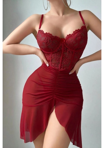Visatin Bordo Dantel İşlemeli Ve Yırtmaç Detaylı Fantezi Gecelik Crimson Passion Serisi