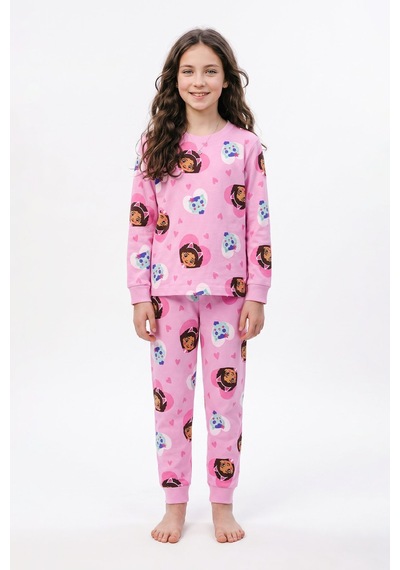 Zuzunga Kız Çocuk Uzun Kol Pembe Renk Kedi Kız Desenli Pijama Takımı