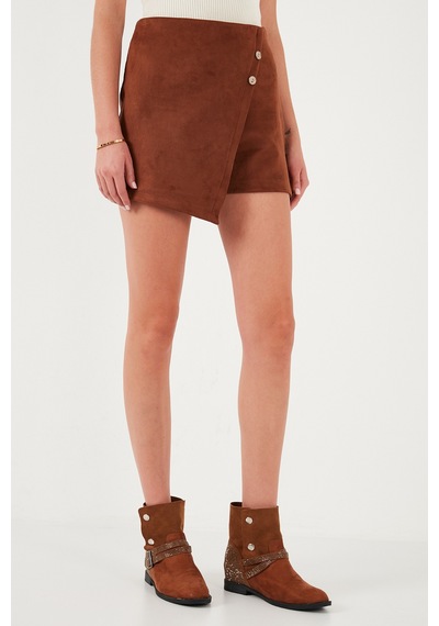 Lela Asimetrik Kışlık Scuba Süet Düğme Detaylı Slim Fit Bayan Şort Etek 5865968 Taba