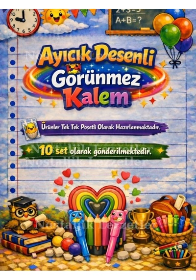 Karne Hediyesi 10 Set Ayıcık Desenli Görünmez Kalem Ve Tebrik Kartı