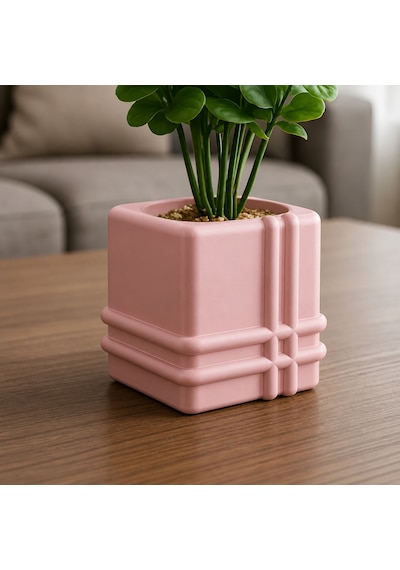 3d Baskı Square Planter - Izgara Desenli Küp Saksı-pembe